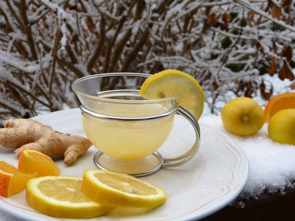 ginger, hot lemon, tea, lemon, snow, juice, cold, defense, health, immune system, vitamins, healthy, flu, nature, winter, prevent